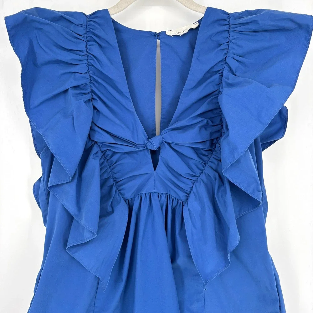 Anthropologie Blue Tassel Ruffled Waistless Mini Dress V-Neck Bold Blue Sz‎ S - Picture 8 of 13